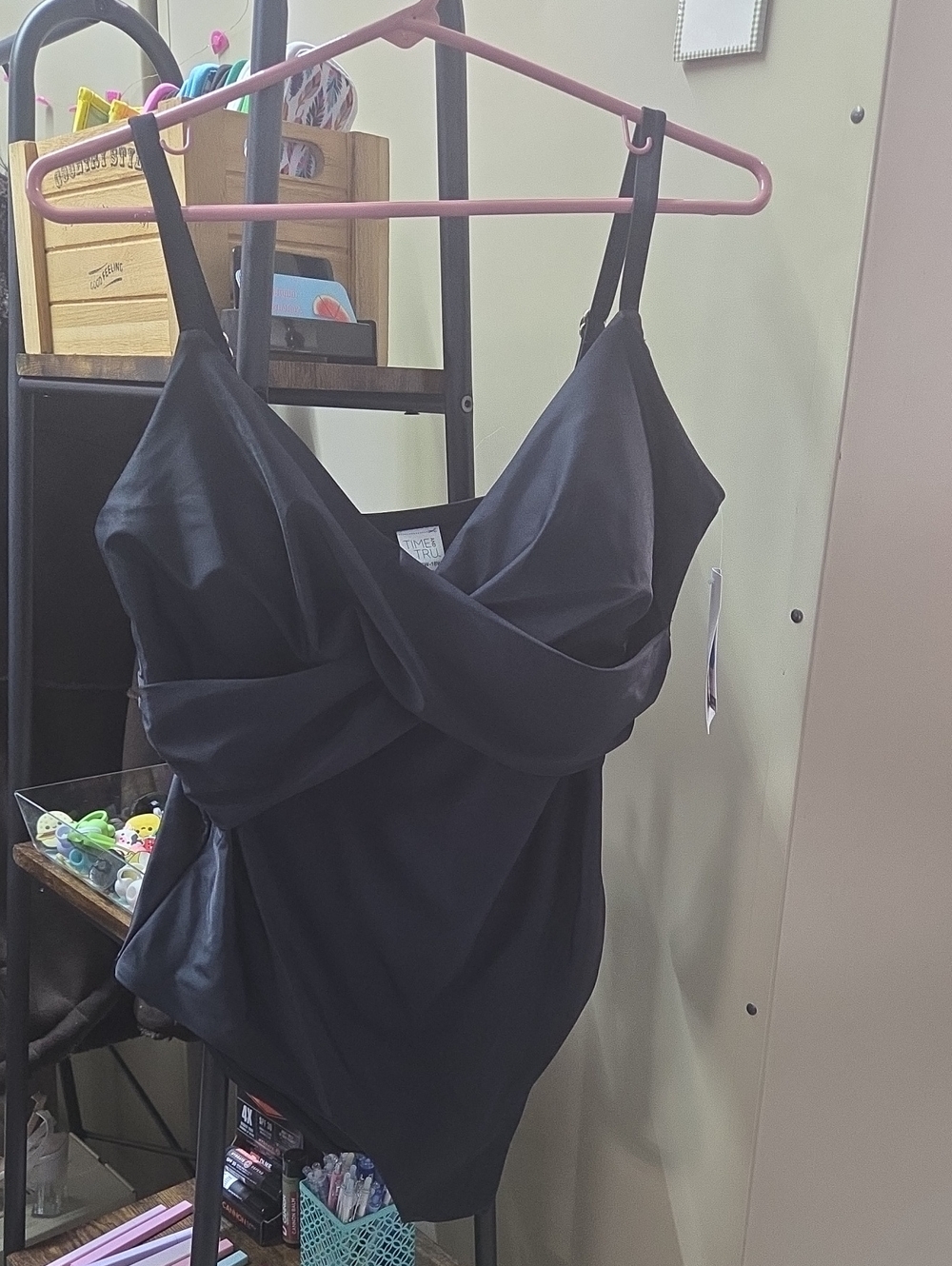 Time and Tru Black One-Piece Swimsuit with Draped Front